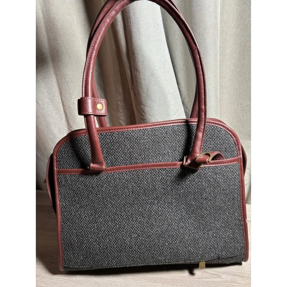 Hartmann Tweed Leather Satchel Handbag Burgundy Charcoal Gray Vintage Travel Bag